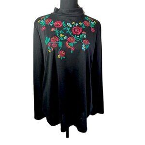 NWT Loft Black Long Sleeve Top with Floral Embroidery Women’s Size Large